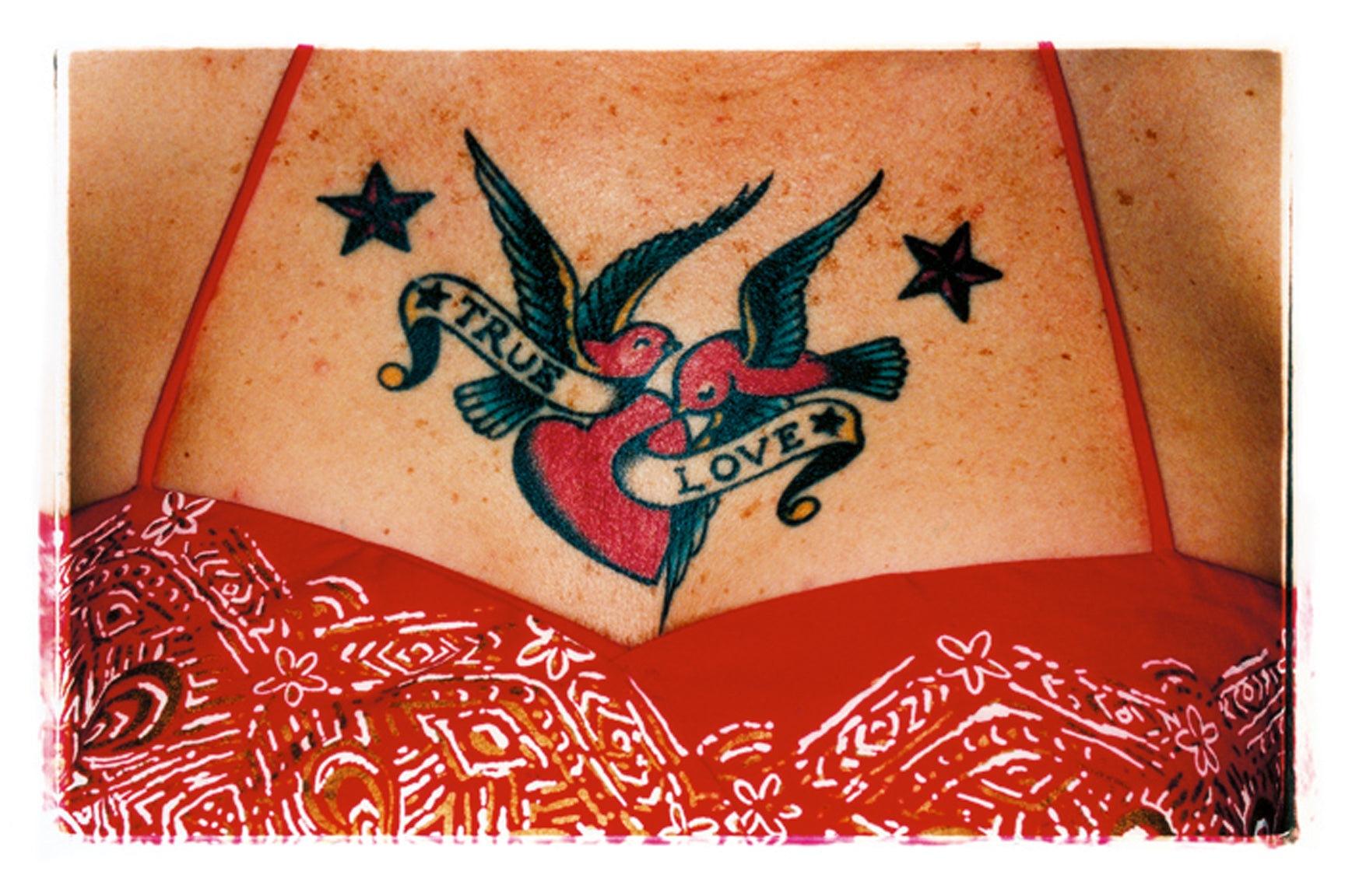 Love birds chest tattoo photograph.