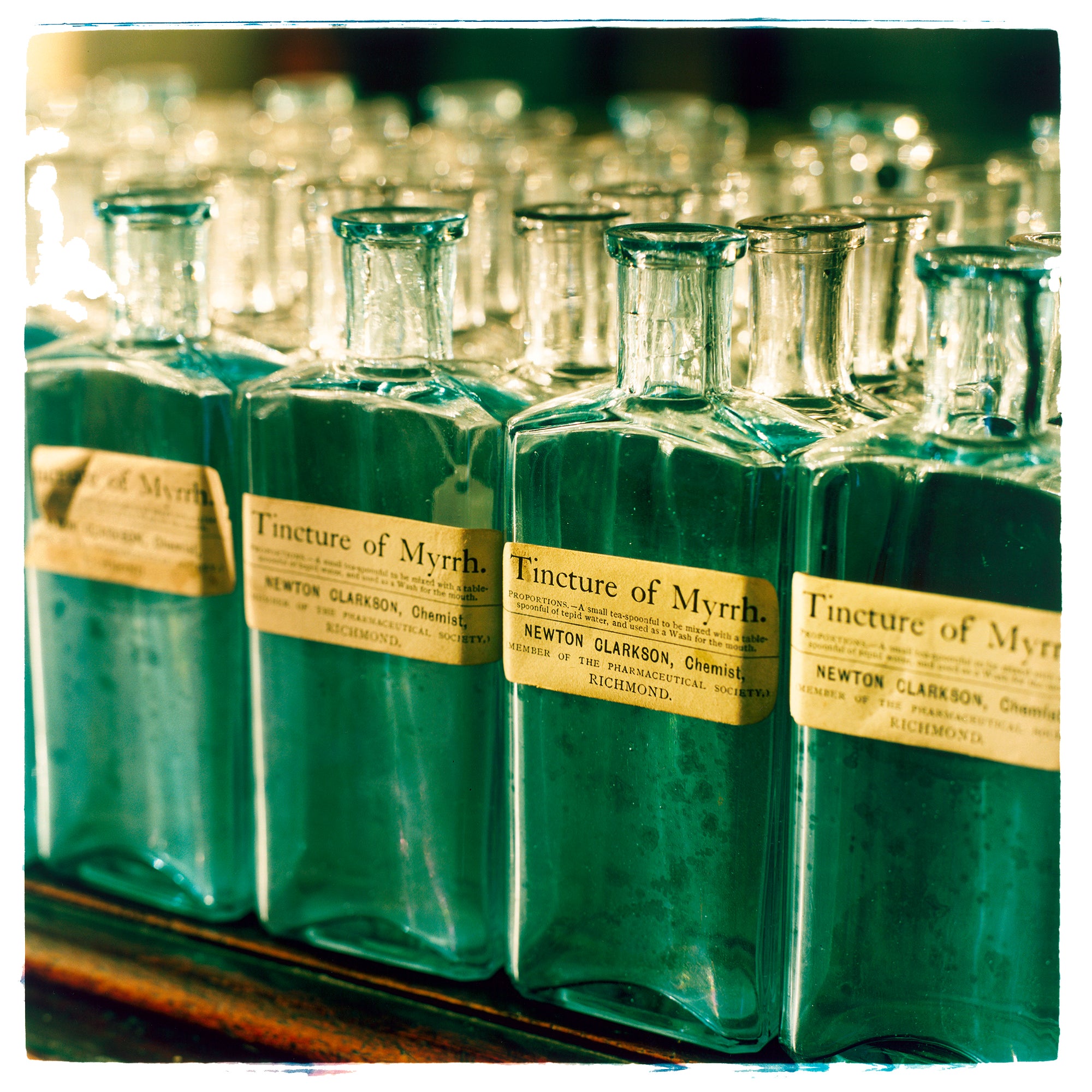 Richard Heeps Vintage glass turquoise green bottles.