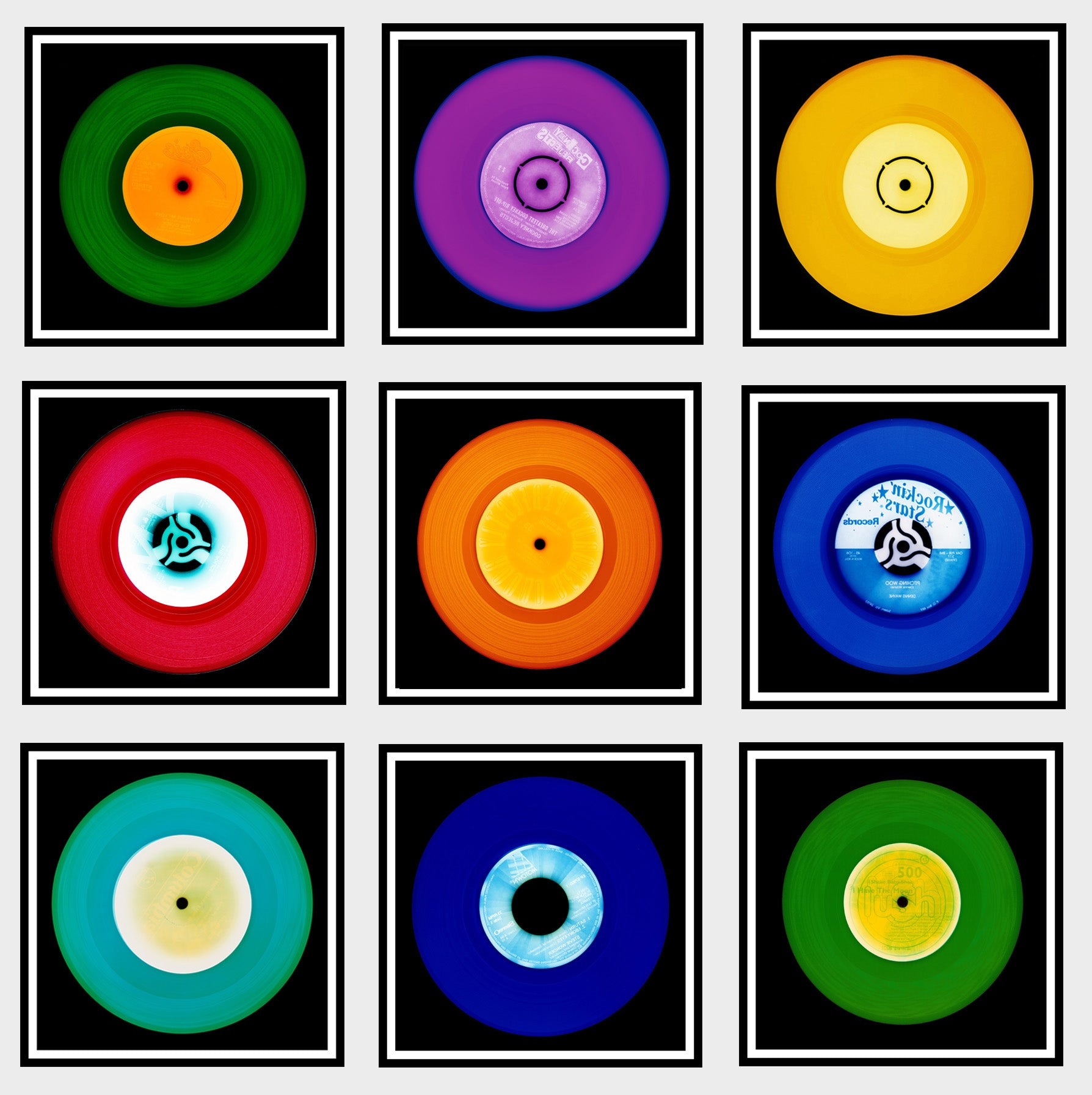 Photographs by Natasha Heidler and Richard Heeps.  A set of 9 vinyls records in a variety of colours in a 3 x 3 configuration.