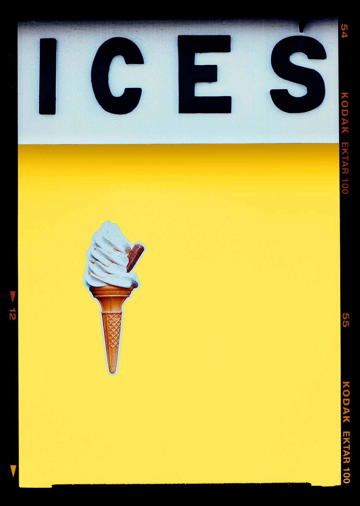 Photograph by Richard Heeps.  At the top black letters spell out ICES and below is depicted a 99 icecream cone sitting left of centre against a sherbet yellow coloured background.  