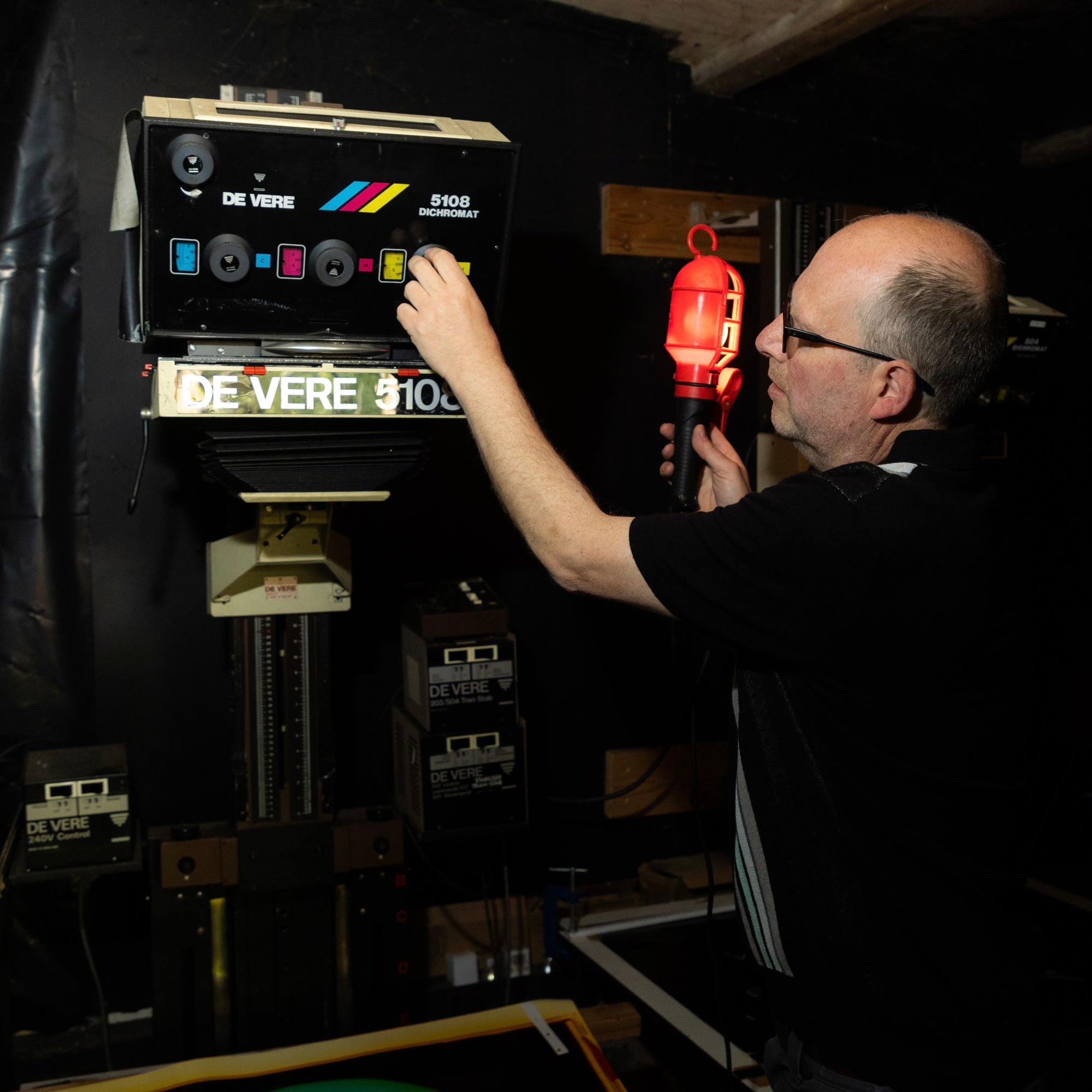 Richard Heeps in his Cambridge colour darkroom using a De Vere 5108 enlarger.