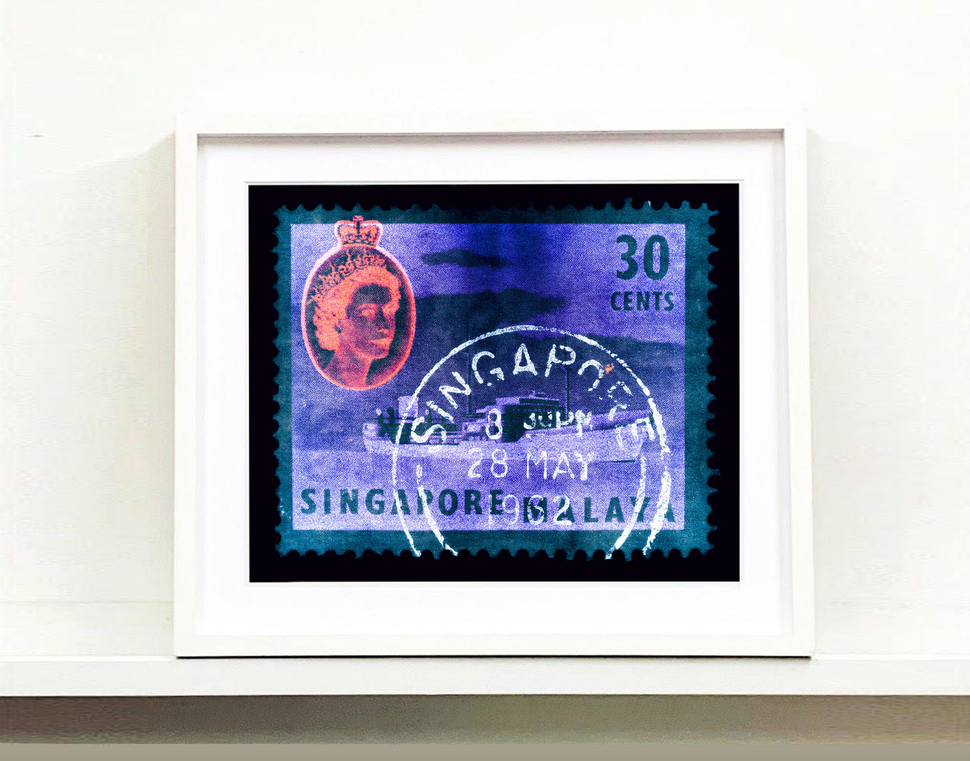 30 cents QEII Oil Tanker (Teal). These historic postage stamps that make up the Heidler & Heeps Stamp Collection, Singapore Series “Postcards from Afar” have been given a twenty-first century pop art lease of life. The fine detailed tapestry of the original small postage stamp has been brought to life, made unique by the franking stamp and Heidler & Heeps specialist darkroom process.