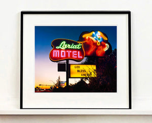 'Lariat Motel' is a classic Richard Heeps Americana 'Sign Porn' artwork. It was in it's captured original site in Fallon, Nevada. The owners since sold the Lariat Motel and donated the 1950's sign with original neon tubing to the Churchill Arts Council. This photograph forms part of Richard Heeps' 'Dream in Colour' series.