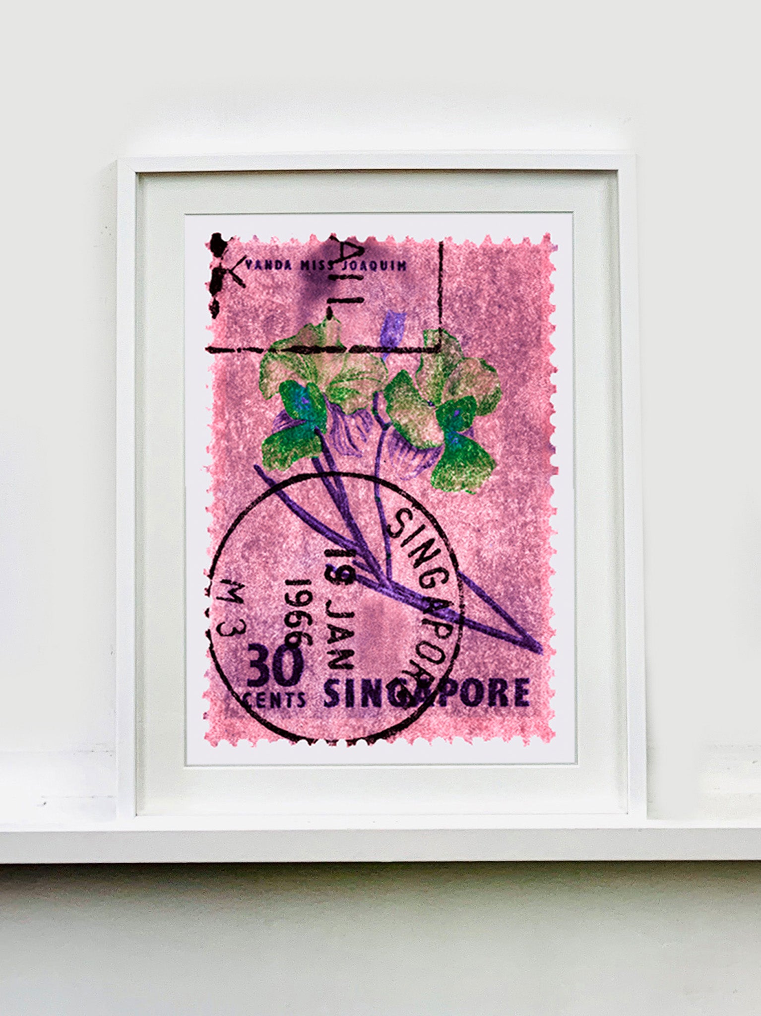 Singapore Stamp Collection '30 Cents Singapore Orchid Pink'. These historic postage stamps that make up the Heidler & Heeps Stamp Collection, Singapore Series 'Postcards from Afar' have been given a twenty-first century pop art lease of life. The fine detailed tapestry of the original small postage stamp has been brought to life, made unique by the franking stamp and Heidler & Heeps specialist darkroom process.