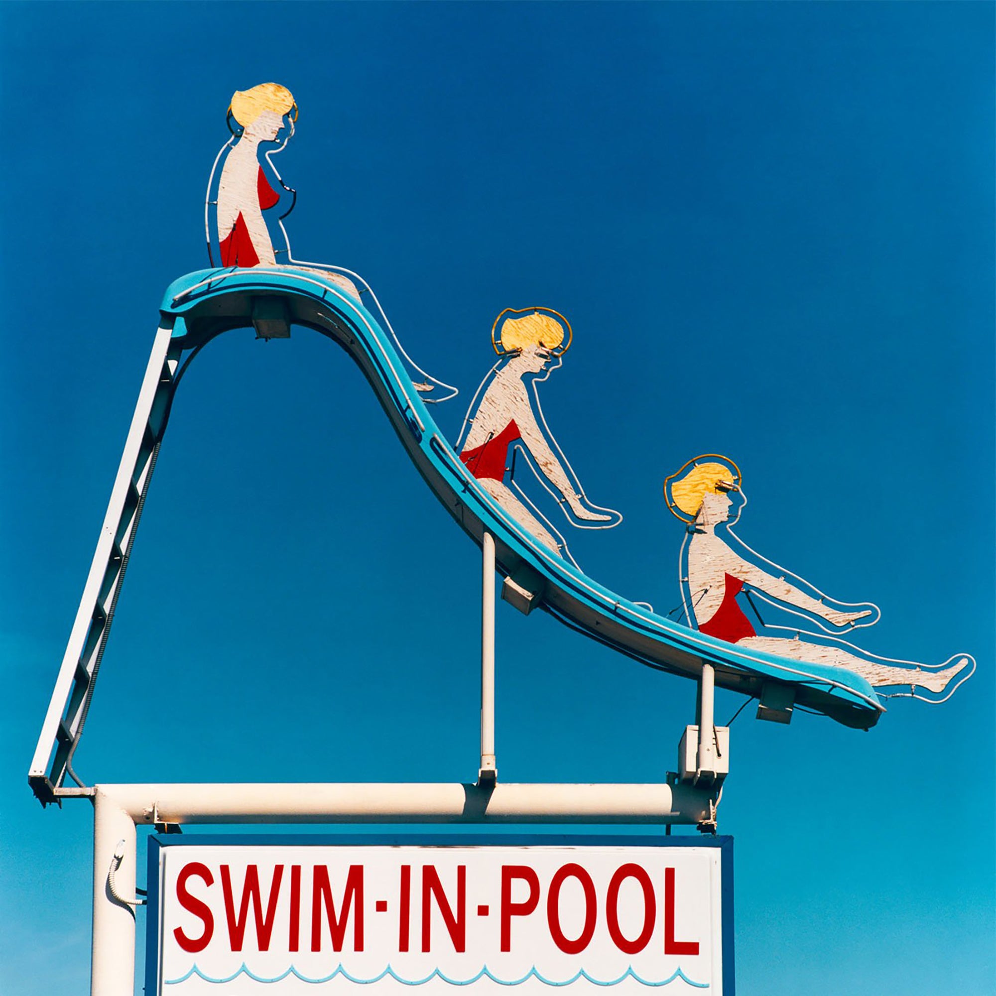 Swim-in-Pool, blue red and yellow pop art typography photograph by Richard Heeps. 