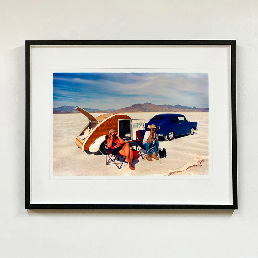Recently sold artwork Christine's '52 Henry J and Teardrop Bonneville Salt Flats photograph by Richard Heeps framed in black.
