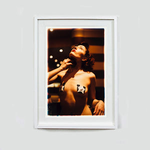 Delilah burlesque backstage photography by RIchard Heeps framed in white.