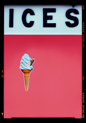 Photograph by Richard Heeps.  Black letters spell out ICES and below is depicted a 99 icecream cones sitting left of centre against a coral coloured background.  