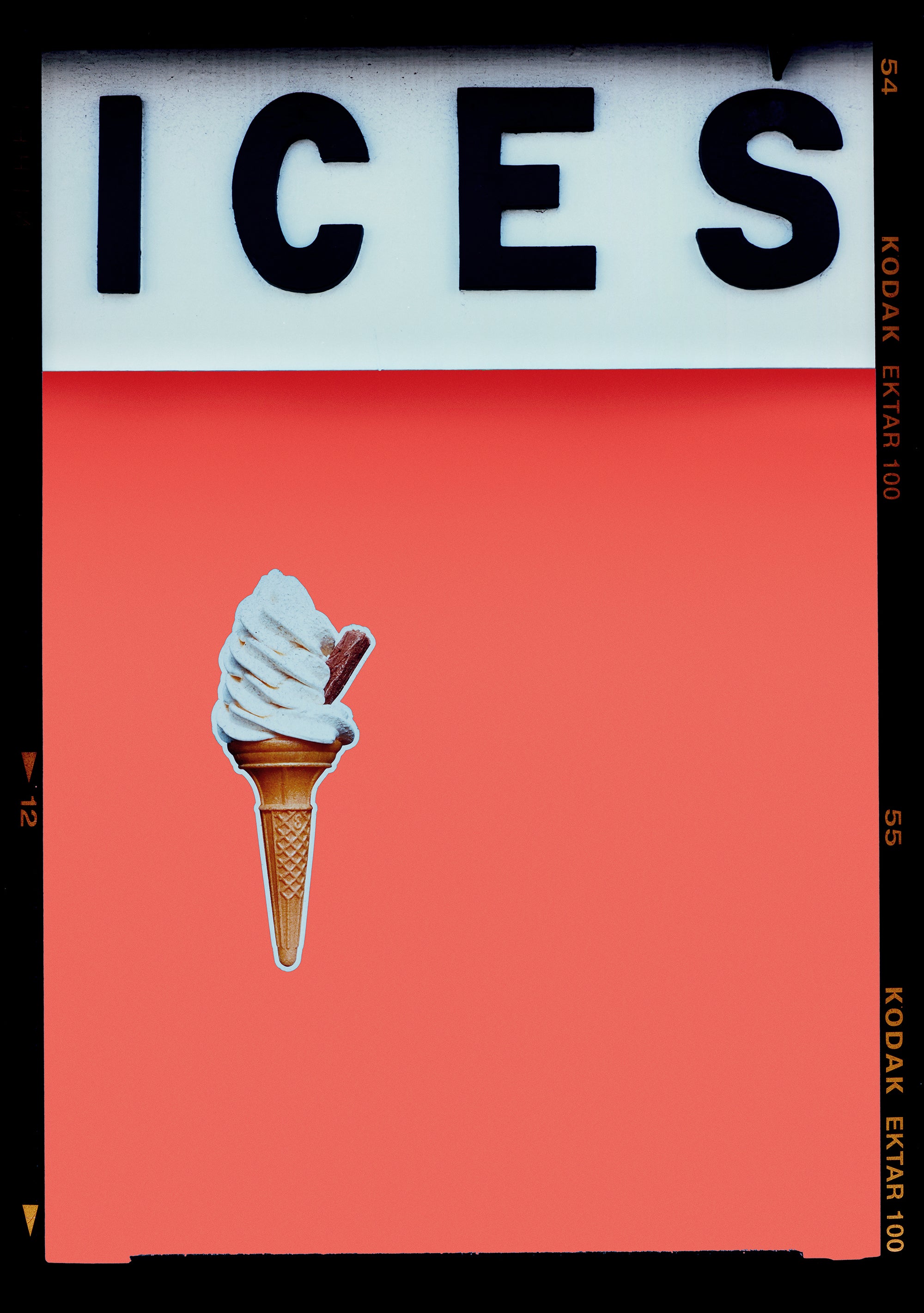 Photograph by Richard Heeps.  At the top black letters spell out ICES and below is depicted a 99 icecream cone sitting left of centre against a melondrama red orange coloured background.  
