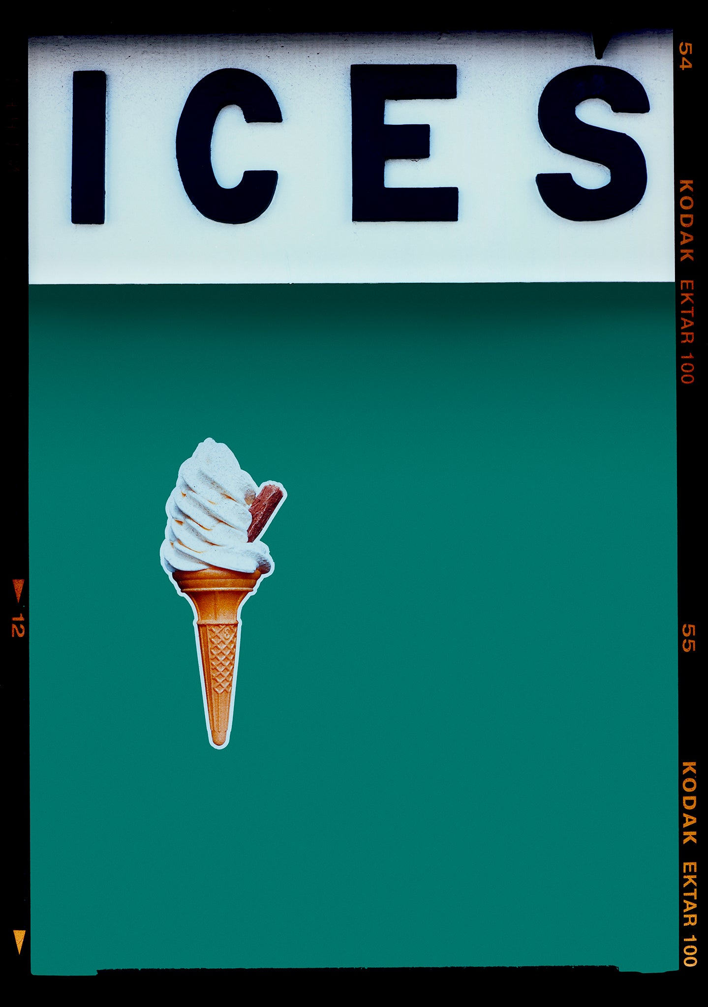 Photograph by Richard Heeps.  At the top black letters spell out ICES and below is depicted a 99 icecream cone sitting left of centre against a deep green teal coloured background.  