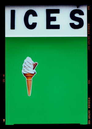 Photograph by Richard Heeps.  At the top black letters spell out ICES and below is depicted a 99 icecream cone sitting left of centre against a green coloured background.  