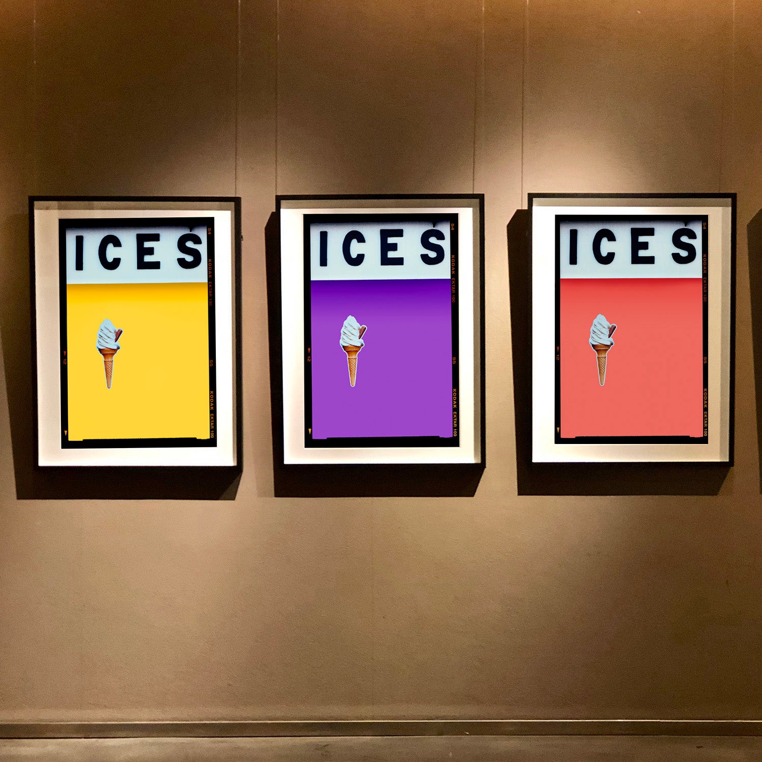 Ices honey yellow lilac melondrama pop art typography colour photography print by Richard Heeps framed in black.