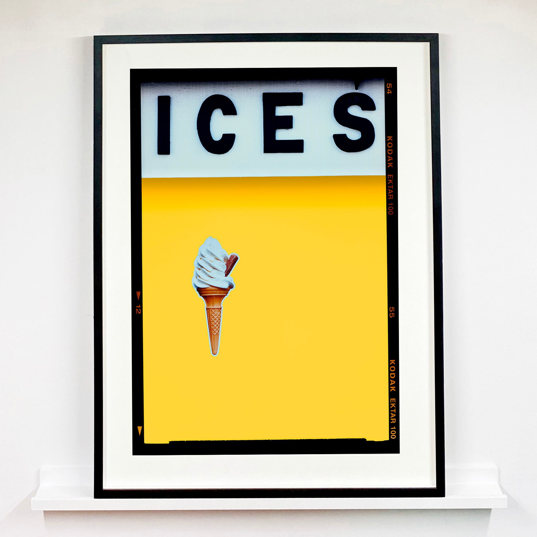 Ices honey yellow pop art typography colour photography print by Richard Heeps framed in black.