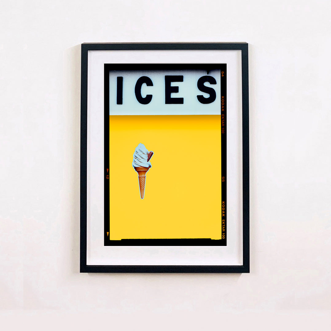 Ices honey yellow pop art typography colour photography print by Richard Heeps framed in black.