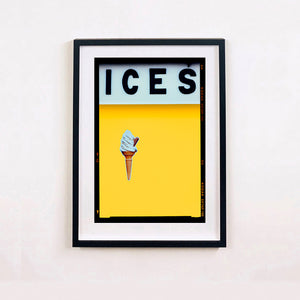 Ices honey yellow pop art typography colour photography print by Richard Heeps framed in black.