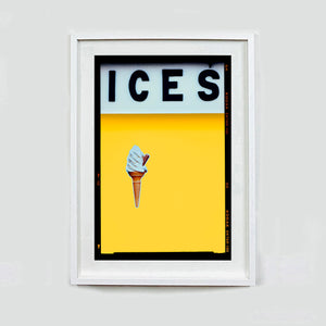 Ices honey yellow pop art typography colour photography print by Richard Heeps framed in white.