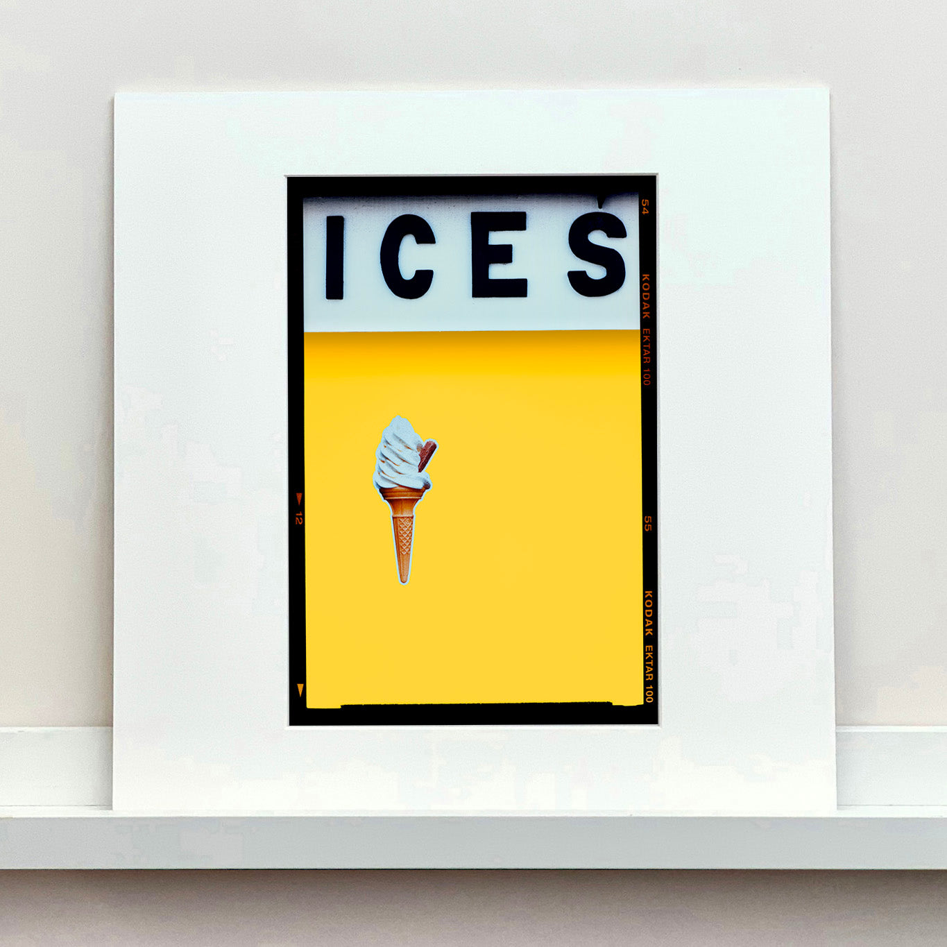 Ices honey yellow pop art typography colour photography print by Richard Heeps mounted square.