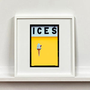 Ices honey yellow pop art typography colour photography print by Richard Heeps mounted square framed in white.