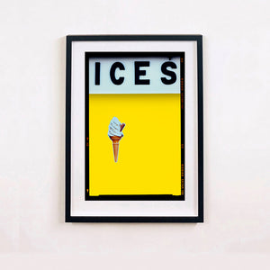 Ices lemon yellow pop art typography colour photography print by Richard Heeps framed in black.