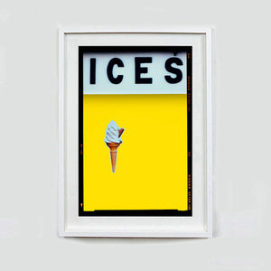 Ices lemon yellow pop art typography colour photography print by Richard Heeps framed in white.