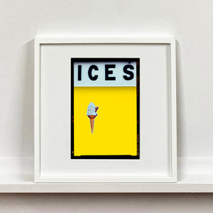 Ices lemon yellow pop art typography colour photography mounted square print by Richard Heeps framed in white.