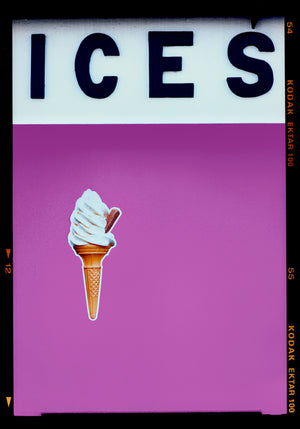 Photograph by Richard Heeps.  Black letters spell out ICES and below is depicted a 99 icecream cones sitting left of centre against a plum coloured background.  