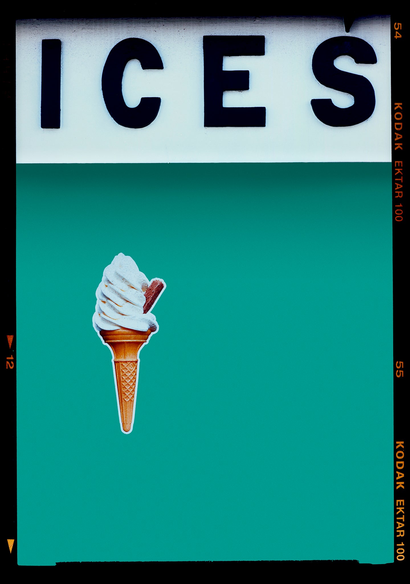 Photograph by Richard Heeps.  At the top black letters spell out ICES and below is depicted a 99 icecream cone sitting left of centre against a Turquoise Teal coloured background.  