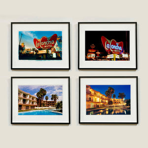 La Concha Motel at Day and Night architecture photograph by Richard Heeps framed in black.