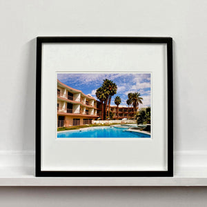 La Concha Motel Pool at Day, mid-century architecture photograph by Richard Heeps mounted square framed in black.