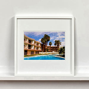 La Concha Motel Pool at Day, mid-century architecture photograph by Richard Heeps mounted square framed in white.