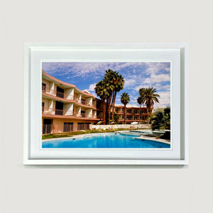 La Concha Motel Pool at Day, mid-century architecture photograph by Richard Heeps small framed in white.