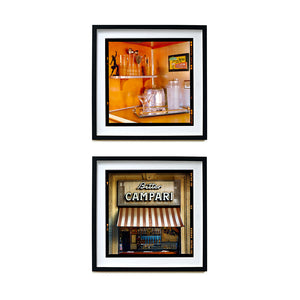 Martini Corner and Bitter Campari pair of Richard Heeps artworks framed in black.