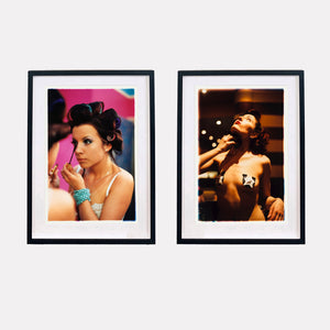 Two backstage burlesque photographs by Richard Heeps framed in black.