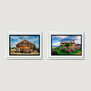 Two white framed landscape photographs Model T and Garage Aspen Farm by Richard Heeps