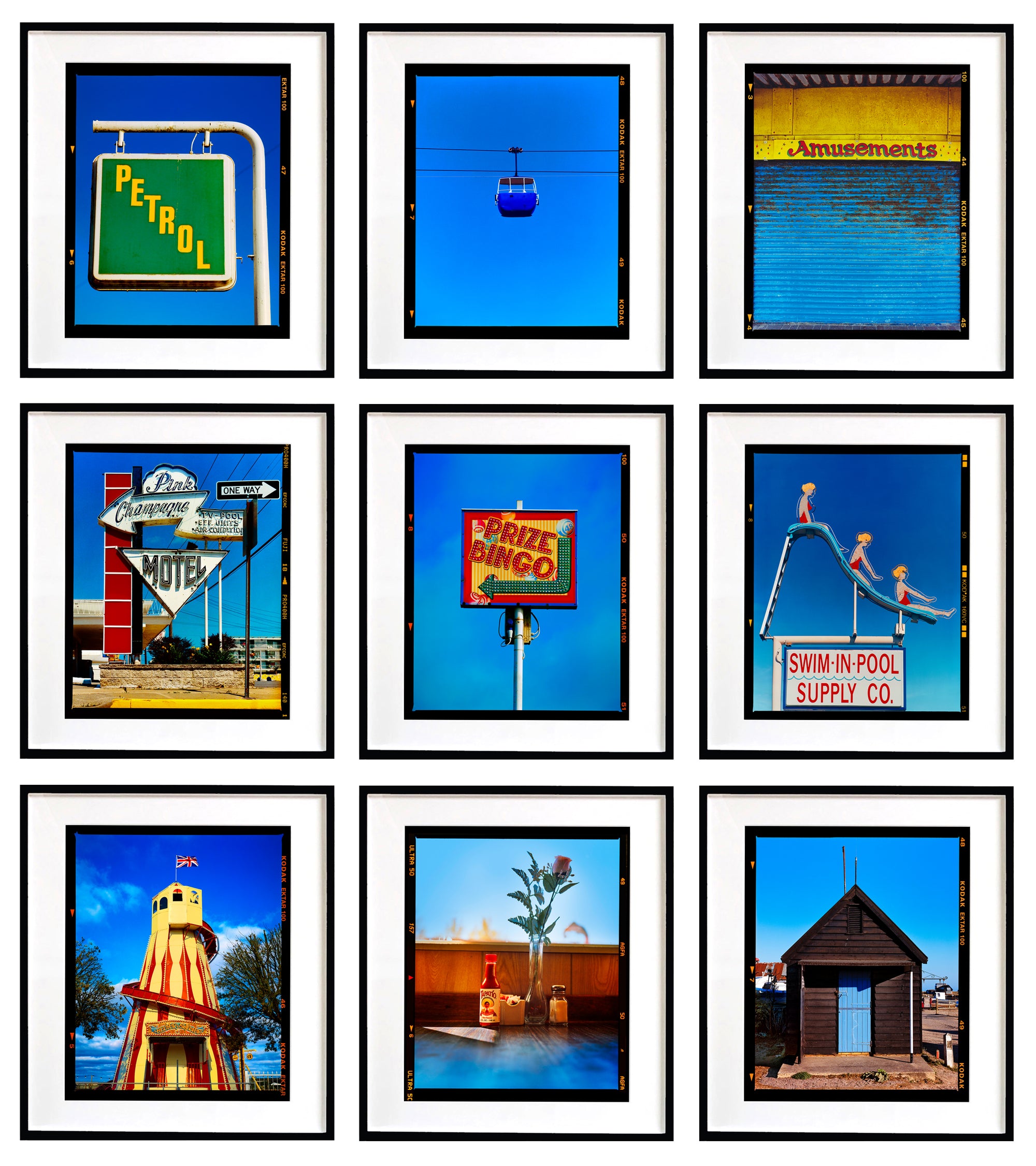 Set of nine framed ready to hang grid gallery wall blue them artworks by Richard Heeps.
