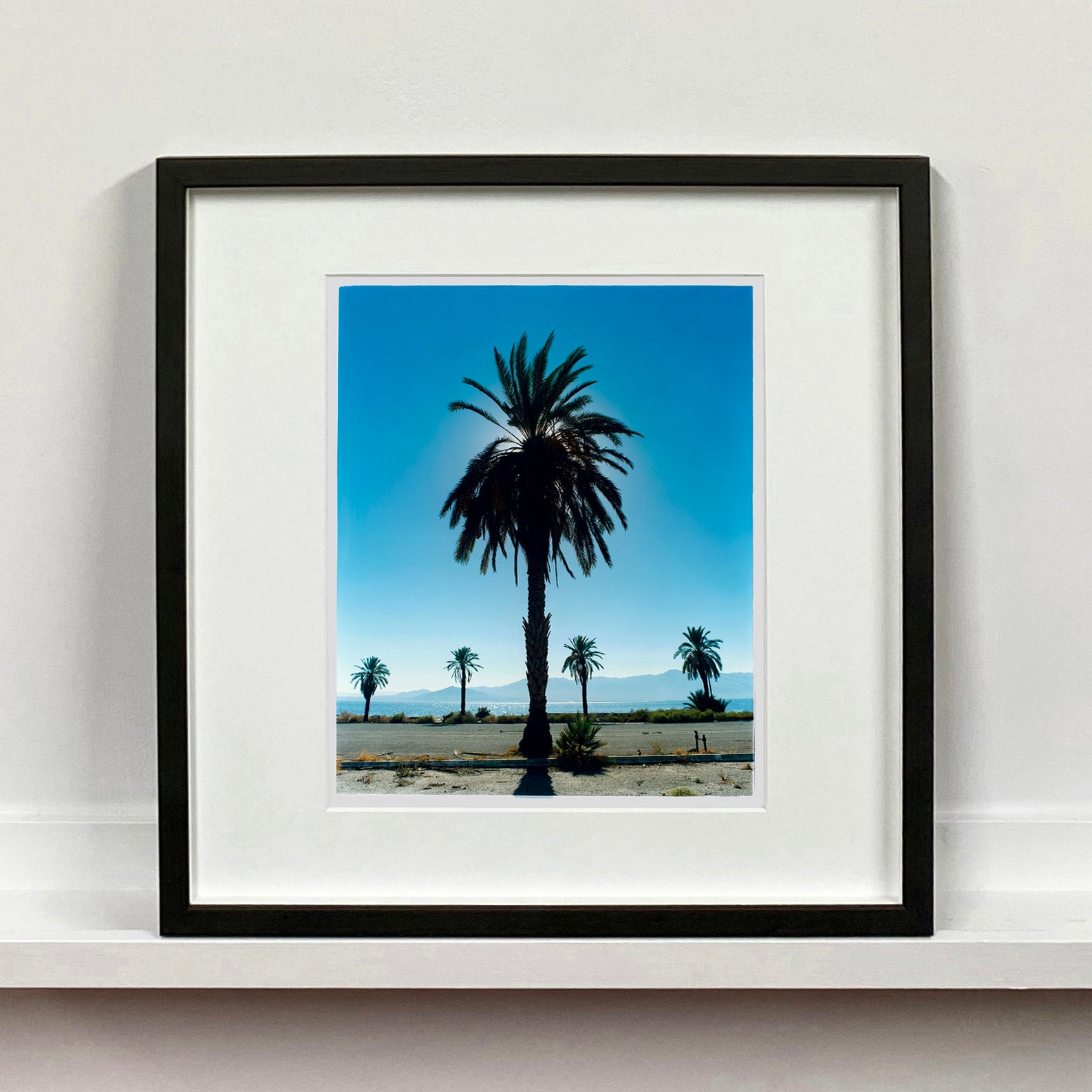 Palm tree silhouette against a bright blue California sky Salton Sea small black frame photograph by Richard Heeps.