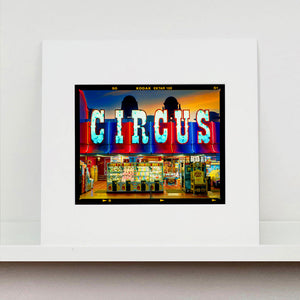 Prize Shop, Circus seaside arcade facade typography photograph by RIchard Heeps mounted square.