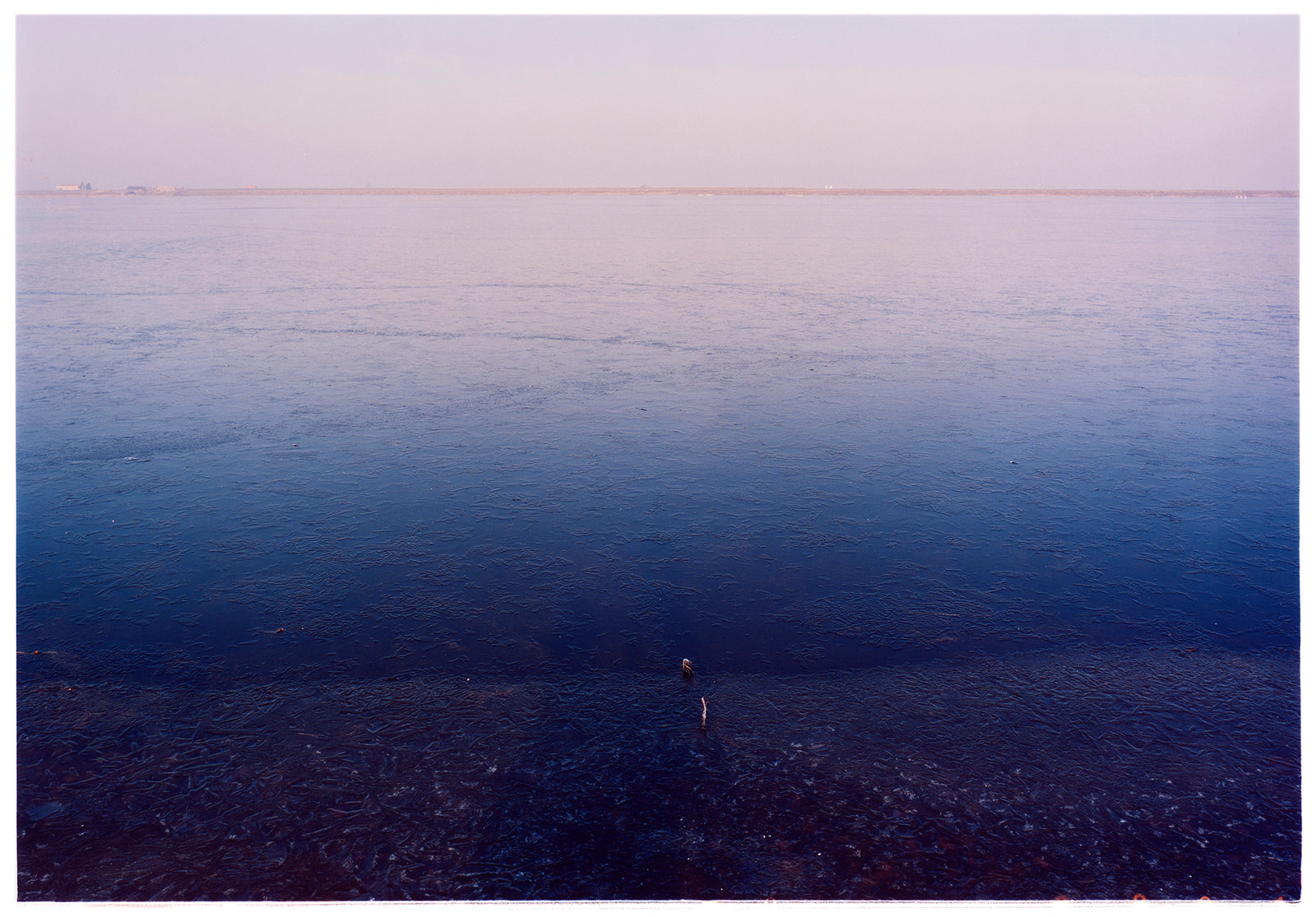 Photograph by Richard Heeps. This photograph is looking towards the water. From a distance you can see two blocks of colour, blue at the bottom and lilac at the top, closer up you see the move of the water and a thin land strip along the horizon.