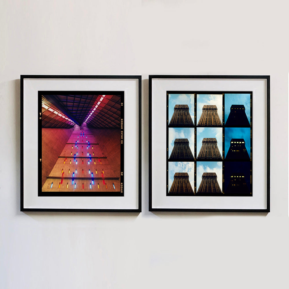 Two black framed photograph by Richard Heeps. On the left hand side a photograph of windows on the interior of San Giovanni Bono Church, a concrete brutalist building in Milan by Italian architect Arrigo Arrighetti. on the right hand side a series of 9 images within a photograph which chart the lighting on the Torre Velasca, Milan during the day and night.