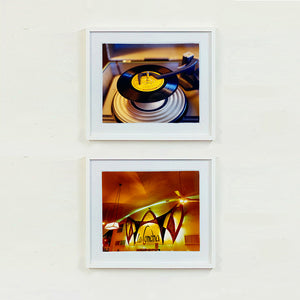 Two photographs by Richard Heeps. The top photograph is of a black vinyl with a yellow label sitting high on the spindle of a deck under the overarm. The bottom photograph is La Concha hotel reception. It has a brown, black and yellow three arch design with La Concha written in italics in the middle.