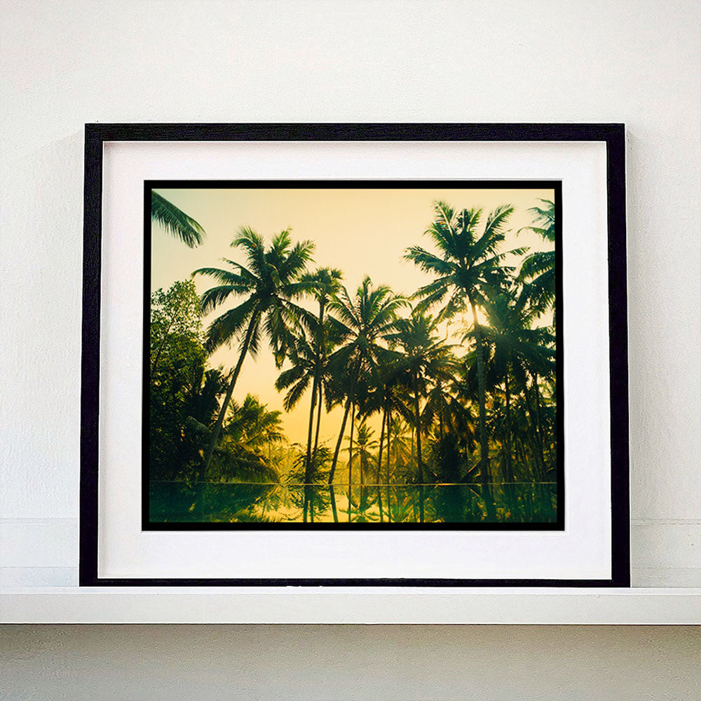 Black framed photograph by Richard Heeps. Green palms trees against a warm golden sky, and reflected in a pool below.