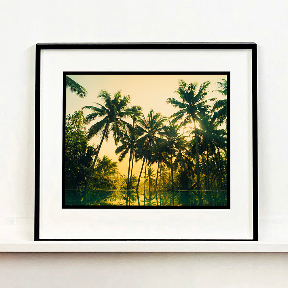 Black framed photograph by Richard Heeps. Green palms trees against a warm golden sky, and reflected in a pool below.