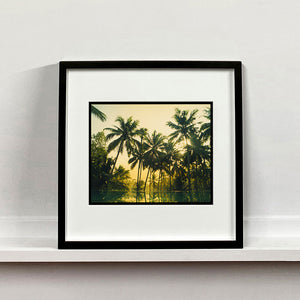 Black framed photograph by Richard Heeps. Green palms trees against a warm golden sky, and reflected in a pool below.