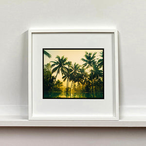 White framed photograph by Richard Heeps. Green palms trees against a warm golden sky, and reflected in a pool below.