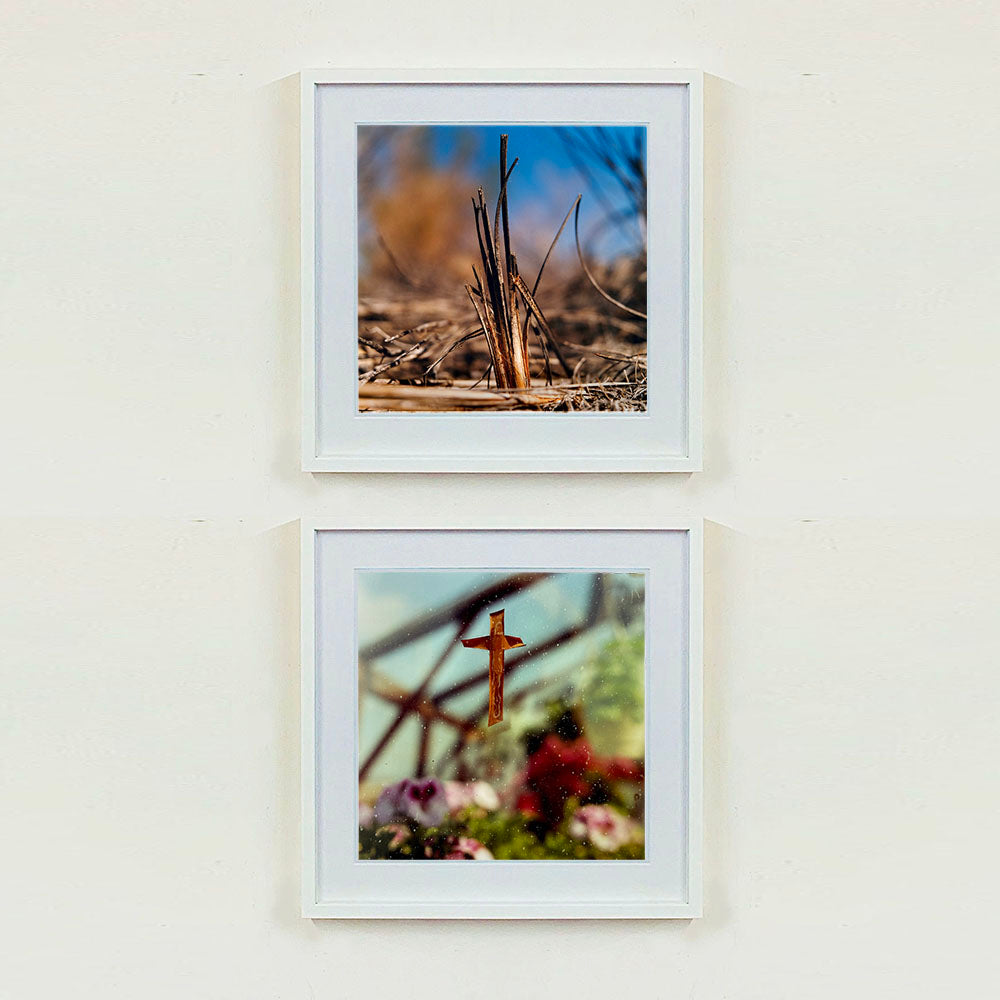 Two white framed photographs by Richard Heeps. The top photograph is of a distinct reed tuft sticking out of a blurred reed bed. A summer blue sky is also blurred behind and the image is bathed in summer sun. The bottom photograph is a rusty orange sticker of a cross stuck on a window. Behind the window are blurred red, pink and white flowers and struts of a greenhouse.