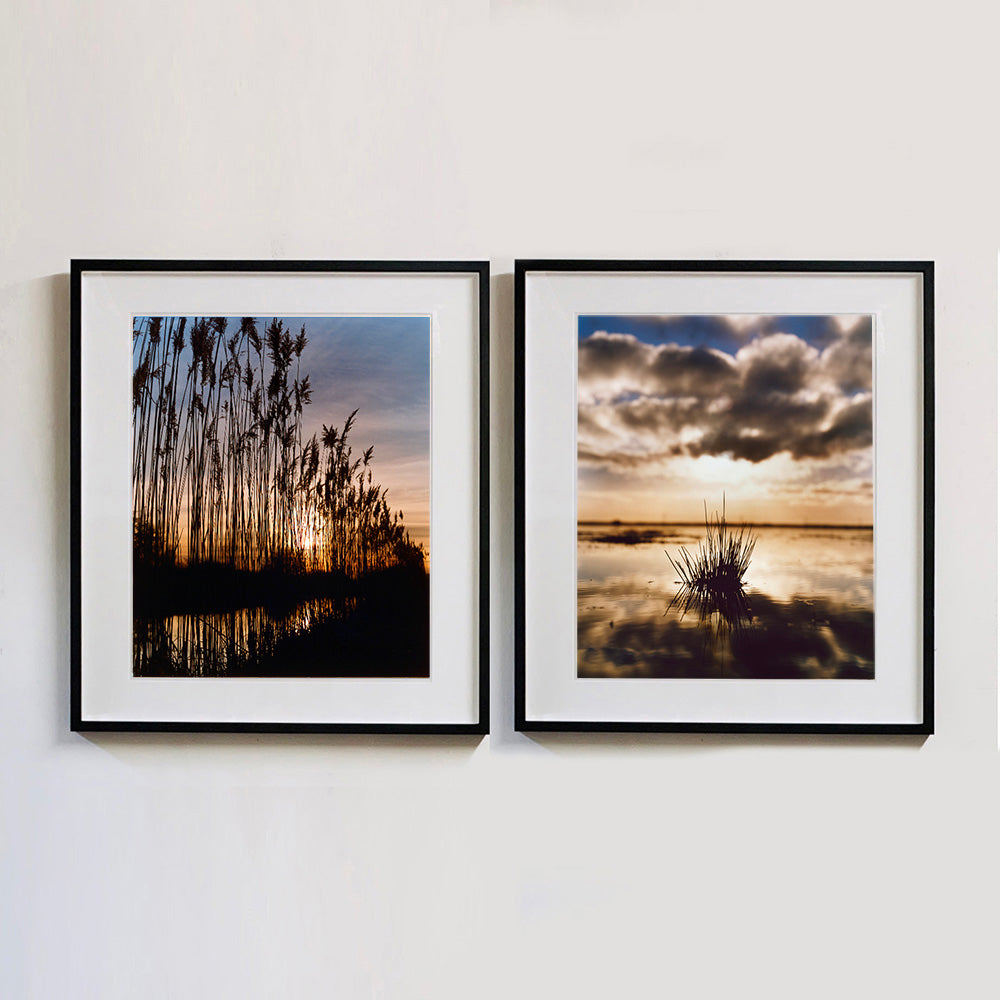 Two black framed photographs by Richard Heeps. On the left hand side is a photograph of reeds standing tall and reflecting down onto the water with a setting sun behind them. The photograph on the right hand side is a tussock sitting in the water with the dark clouds above reflecting into the surrounding water, bathed in an evening sun.