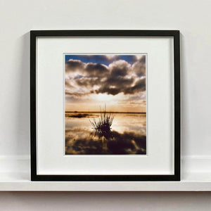 Black framed photograph by Richard Heeps. A tussock of grass sits at dusk in fenland water. It is siting under a black and white cloud formation with a golden dusk hue.