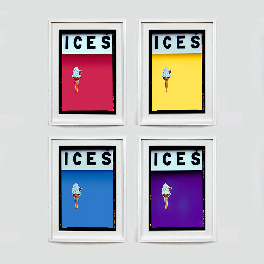 Set of four (2x2) white framed photographs by Richard Heeps.  Four identical photographs (apart from the block colour), at the top black letters spell out ICES and below is depicted a 99 icecream cone sitting left of centre set against, in turn, a raspberry, sherbert yellow, baby blue and purple coloured background.  