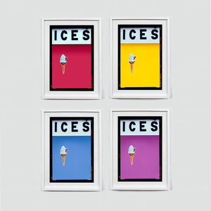 Set of four (2x2) white framed photographs by Richard Heeps.  Four identical photographs (apart from the block colour), at the top black letters spell out ICES and below is depicted a 99 icecream cone sitting left of centre set against, in turn, a raspberry, yellow, baby blue and plum coloured background.  