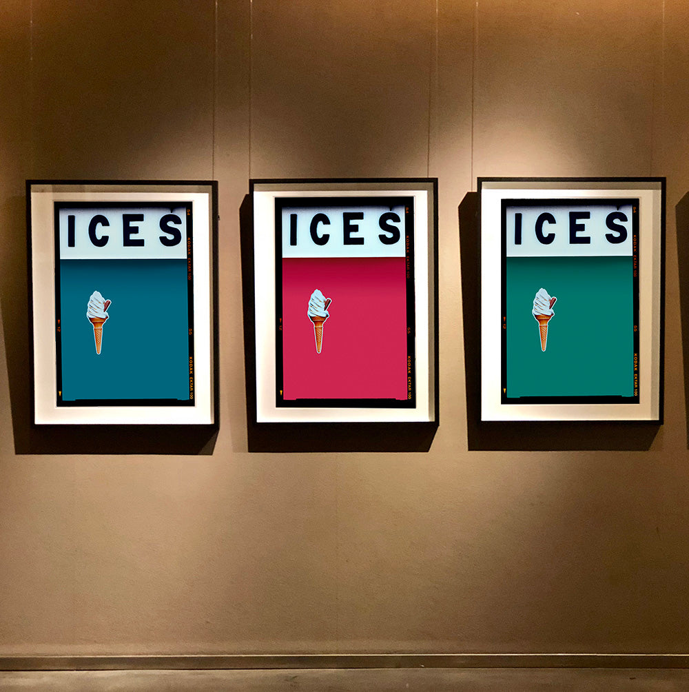 Set of three photographs by Richard Heeps.  Three identical photographs (apart from the block colour), at the top black letters spell out ICES and below is depicted a 99 icecream cone sitting left of centre set against, in turn, a blue teal, raspberry and deep green teal coloured background.  